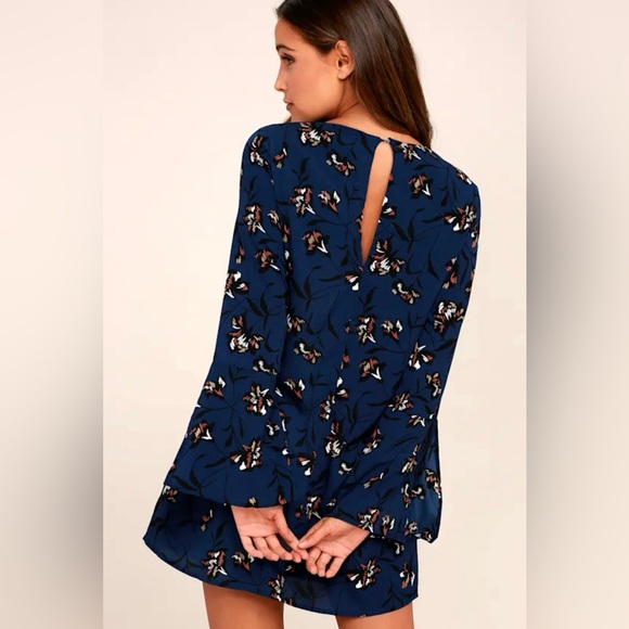 NWT Lulus Pleasant Valley Navy Blue Floral Print Long Sleeve Shift Dress Large - Picture 3 of 9